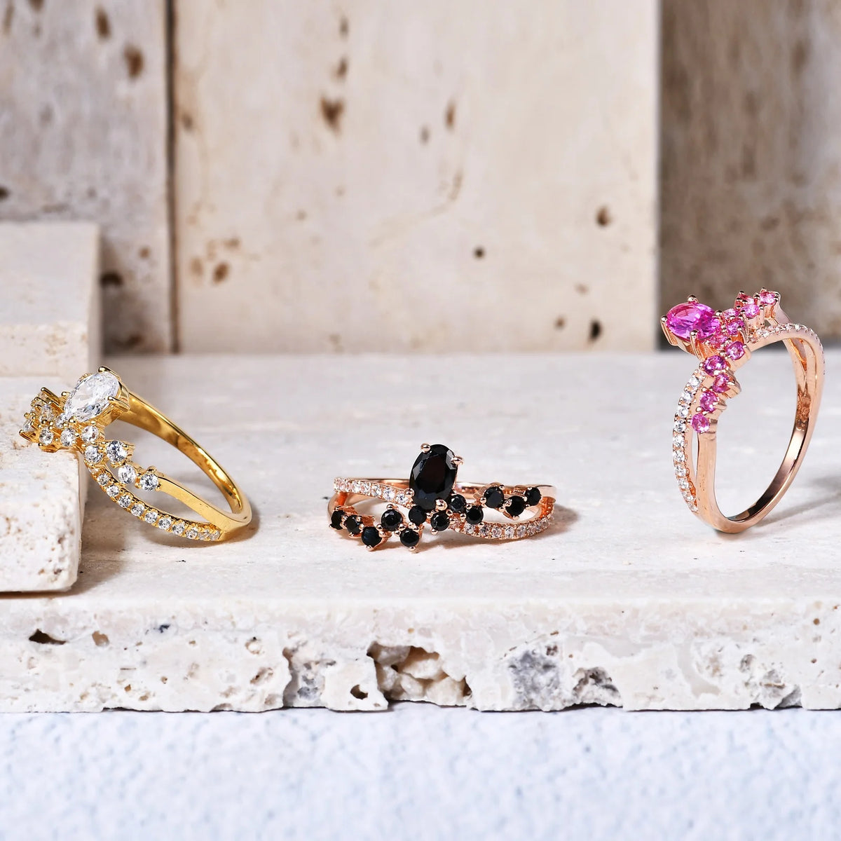 Gemfiori Abiding Yellow Rose Gold Plated White & Black Cubic Zirconia 925 Sterling Silver Lab Grown Pink Sapphire Jewelry Ring