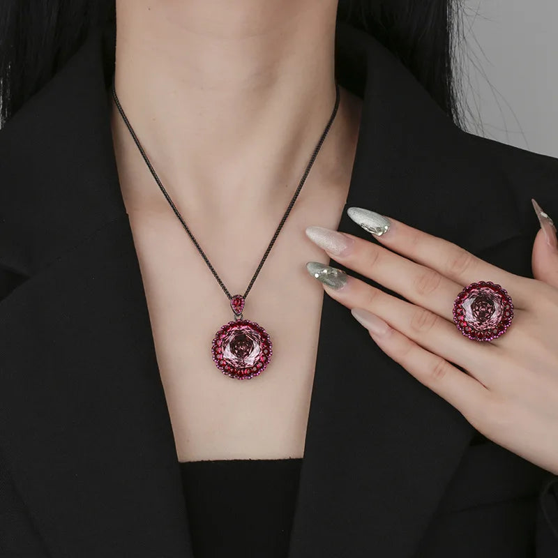 Gemfiori Luxury Women's Jewelry Set Necklace Ring Brass Gold-plated Rose Cutting Women's Wedding Party Jewelry