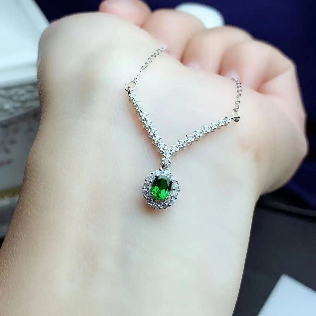 Jewelry 925 Sterling Silver Natural Diopside Ring Bracelet Necklace Set Engagement Gift 18K Gold-plated Women's Jewelry