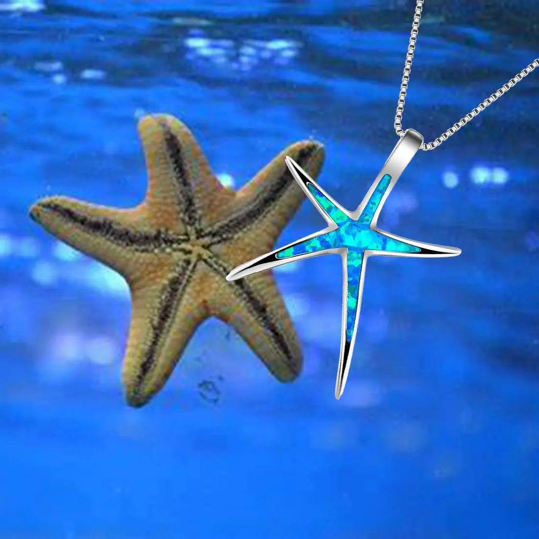Minimalist Blue Opal Starfish Pendant Necklace - Summer Essential For Women