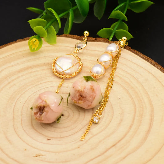 GLSEEVO Natural Fresh Water Pearl Handmade Really Flower Drop Earrings For Women Asymmetrical Earrings Custom Jewellery GE0492