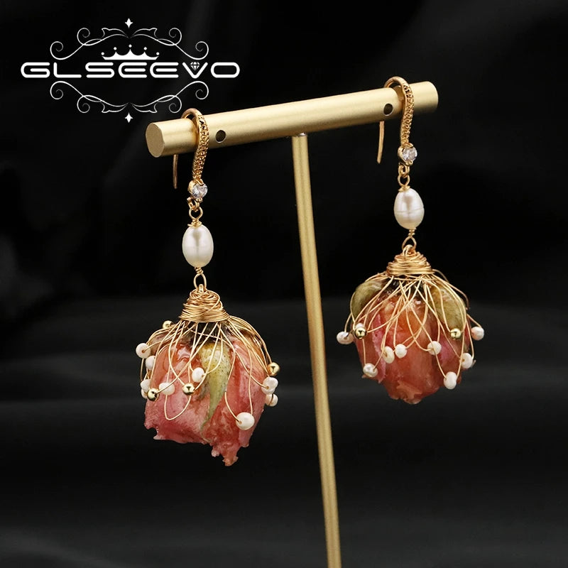 Freshwater Pearl Pink Rose Zircon Flower Drop Earrings Fashion Beautiful Elegant Earrings Jewelry for Girlfriend Gift
