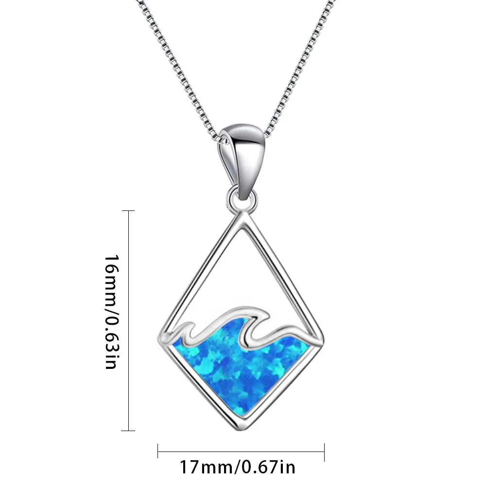 Hawaiian Beach Wave Opal Necklace | Blue Gemstone Ocean Pendant Long Sweater Chain