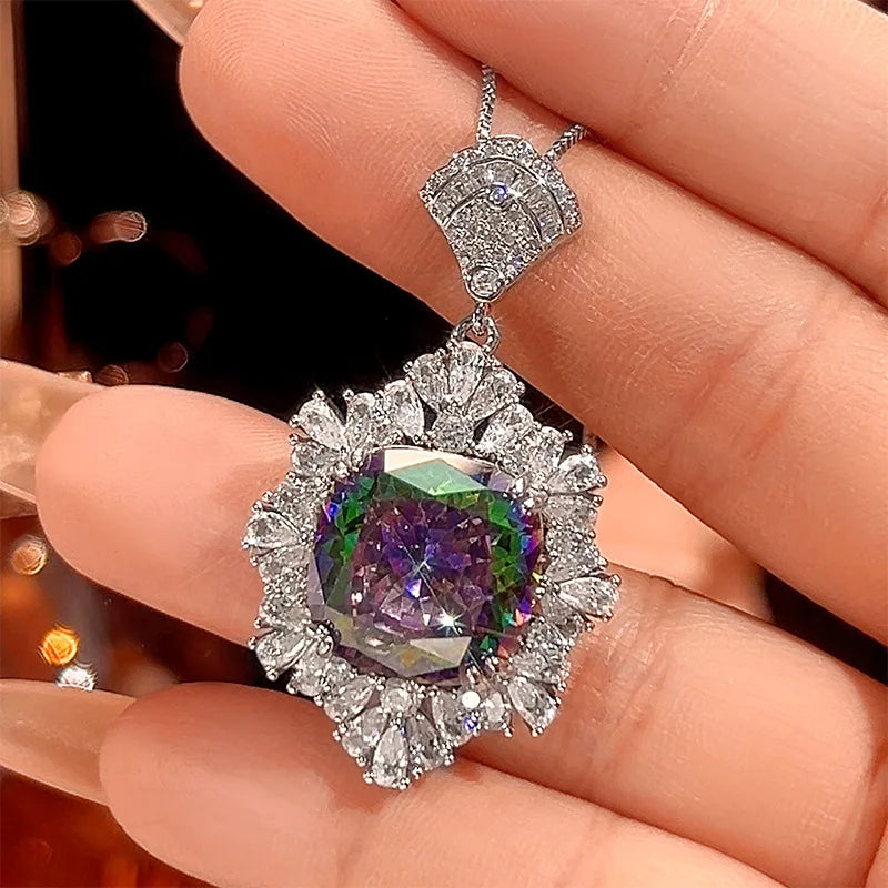 REDheart Square Full Zircon Rhodium Movable Opening Ring Simulation Bird's Nest Cut Seven Color Fashion Wedding Party Gift Pendant Set