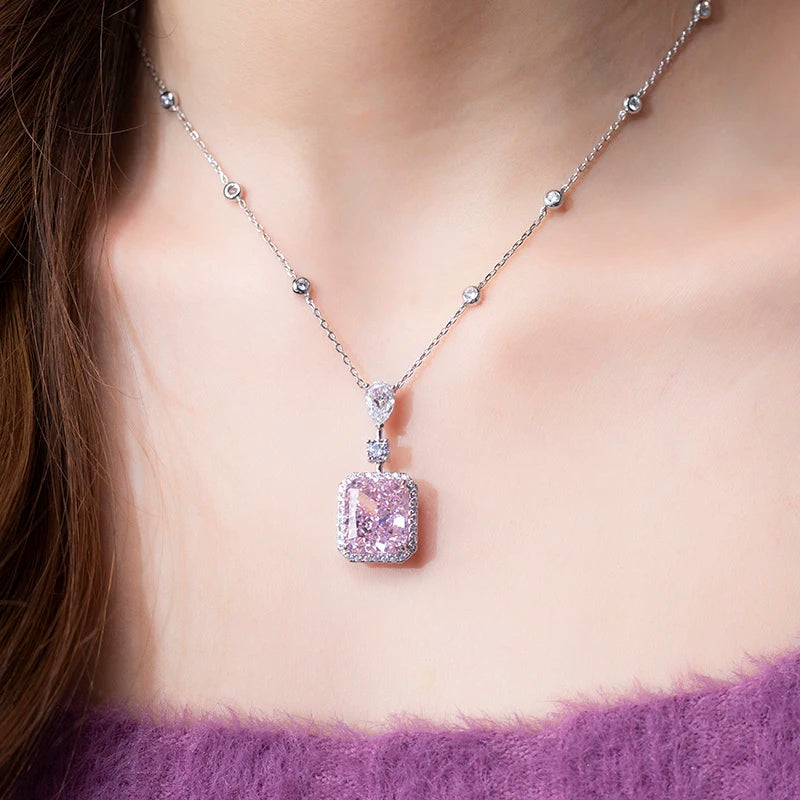 Messi Jewelry MSN-659 Pink Necklace Cubic Zirconia Radiant Cut Pear Silver Pendant for Daily Decorations