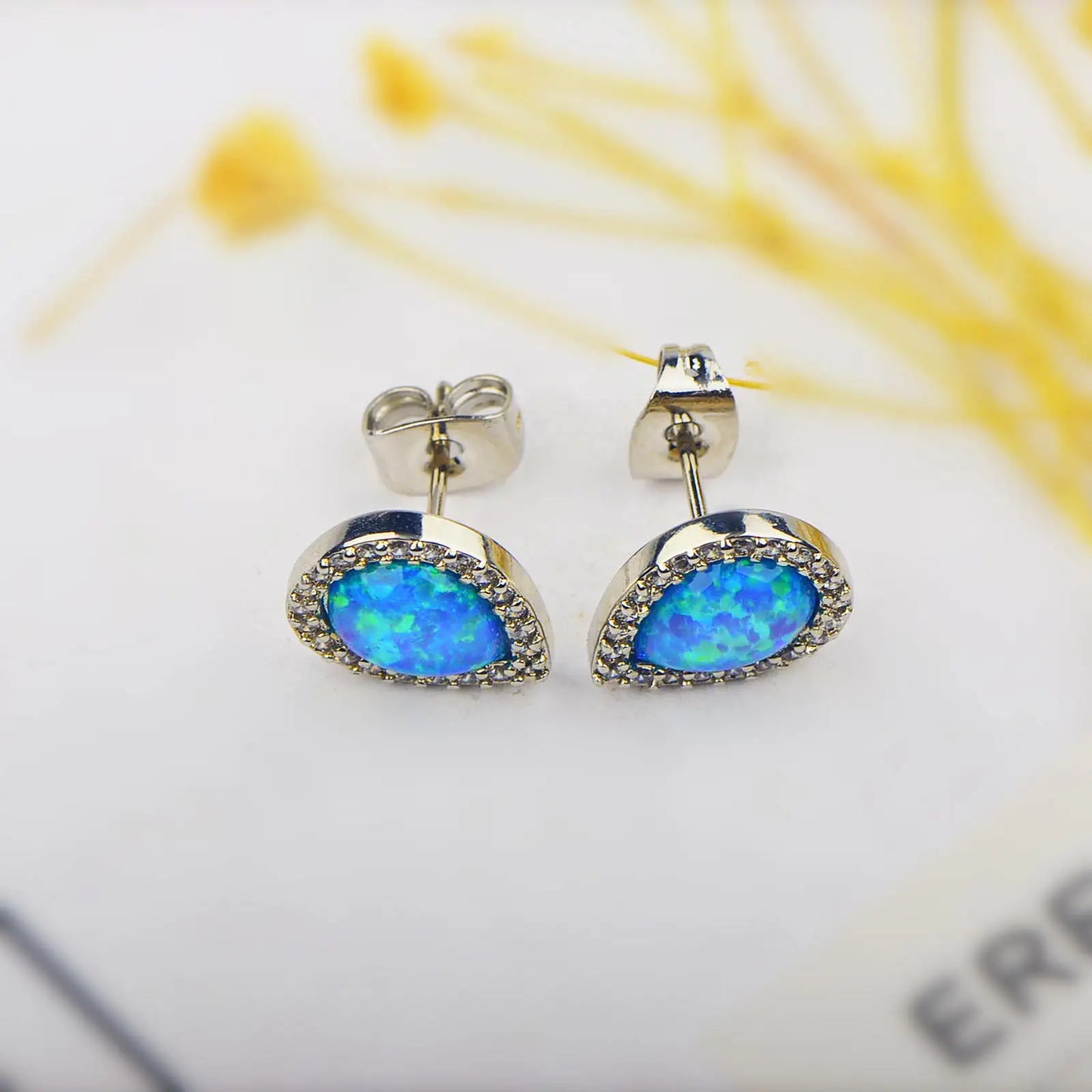 Teardrop Opal Halo Stud Earrings - Blue Fire Opal & Paved CZ Frame Design | Elegant Daily Jewelry Bulk Gifts