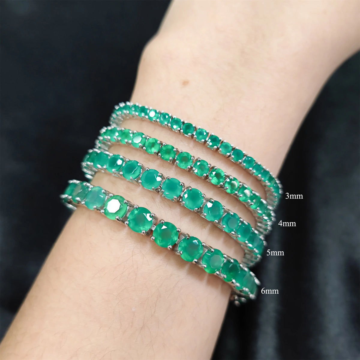 Gemfiori Abiding Custom Round 3mm 4mm 5mm 6mm Natural Green Agate Gemstone Chrysoprase Rhodium Plated 925 Silver Tennis Bracelet