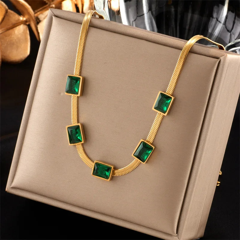 Gold Chain & Green Crystal Necklace & Bracelet Jewellery Set | Colour-Pop Luxury Fashion Set
