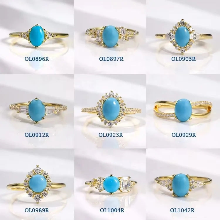 Gemfiori Abiding Classic Design 925 Silver Yellow Gold Plated Turquoise Rings Stacking Synthetic Gemstone Turquoise Ring in Stock