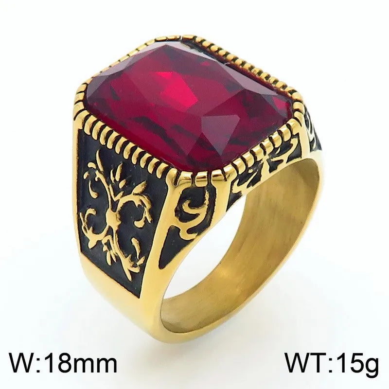 Kalen Vintage Viking Jewelry Luxury Court Style Gemstone Carved Zircon Inlays Stainless Steel Men Rings