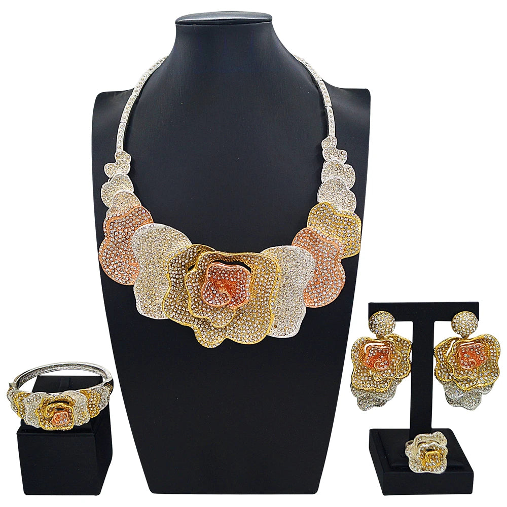 Zhuerrui Rhinestone Paved Rose Flower Jewelry Set for Wedding Multi-color Crystal Floral Statement Jewelry Sets HS2550139
