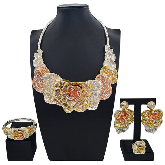Zhuerrui Rhinestone Paved Rose Flower Jewelry Set for Wedding Multi-color Crystal Floral Statement Jewelry Sets HS2550139
