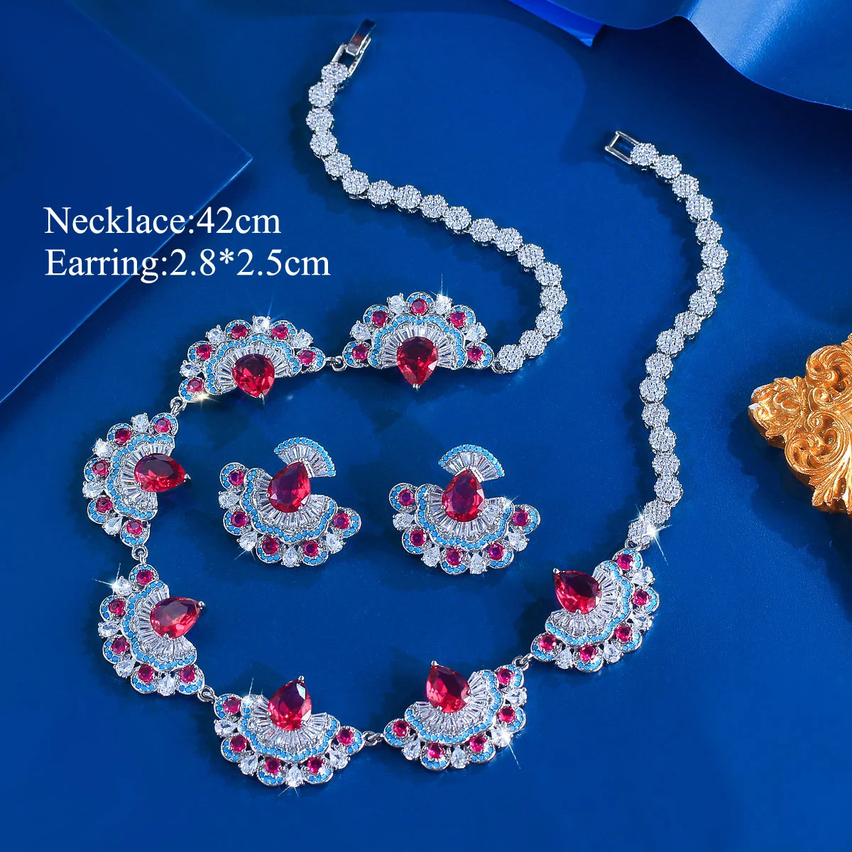 Beauty Jewelry Set Rhodium Plated Rose Red Turquoise CZ Dress Drop Tennis Jewelry Set for Women Brides Lady Costume Accessories