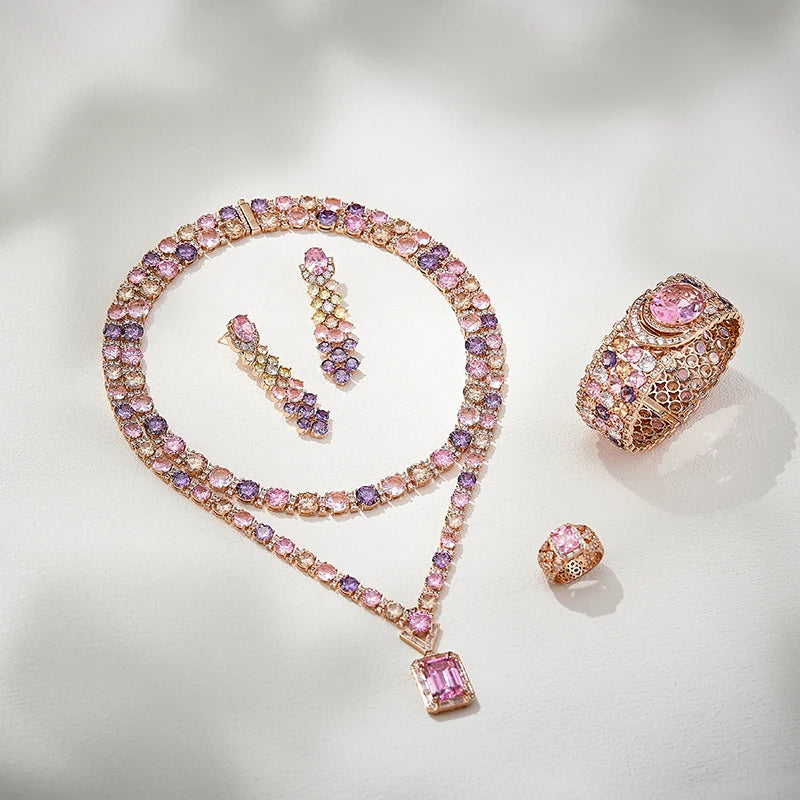 High End Dubai Double-layer pink Necklace and Earring Bracelet Set Fashionable Wedding Jewelry  Zircon Direct Sales Gift