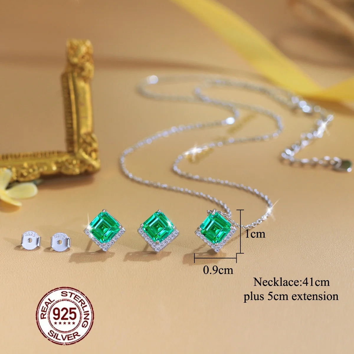 Princess Cut Emerald Green CZ Halo Necklace and Earrings 925 Sterling Silver Jewelry Set for Women Zirconia Bridal Jewelry Gifts