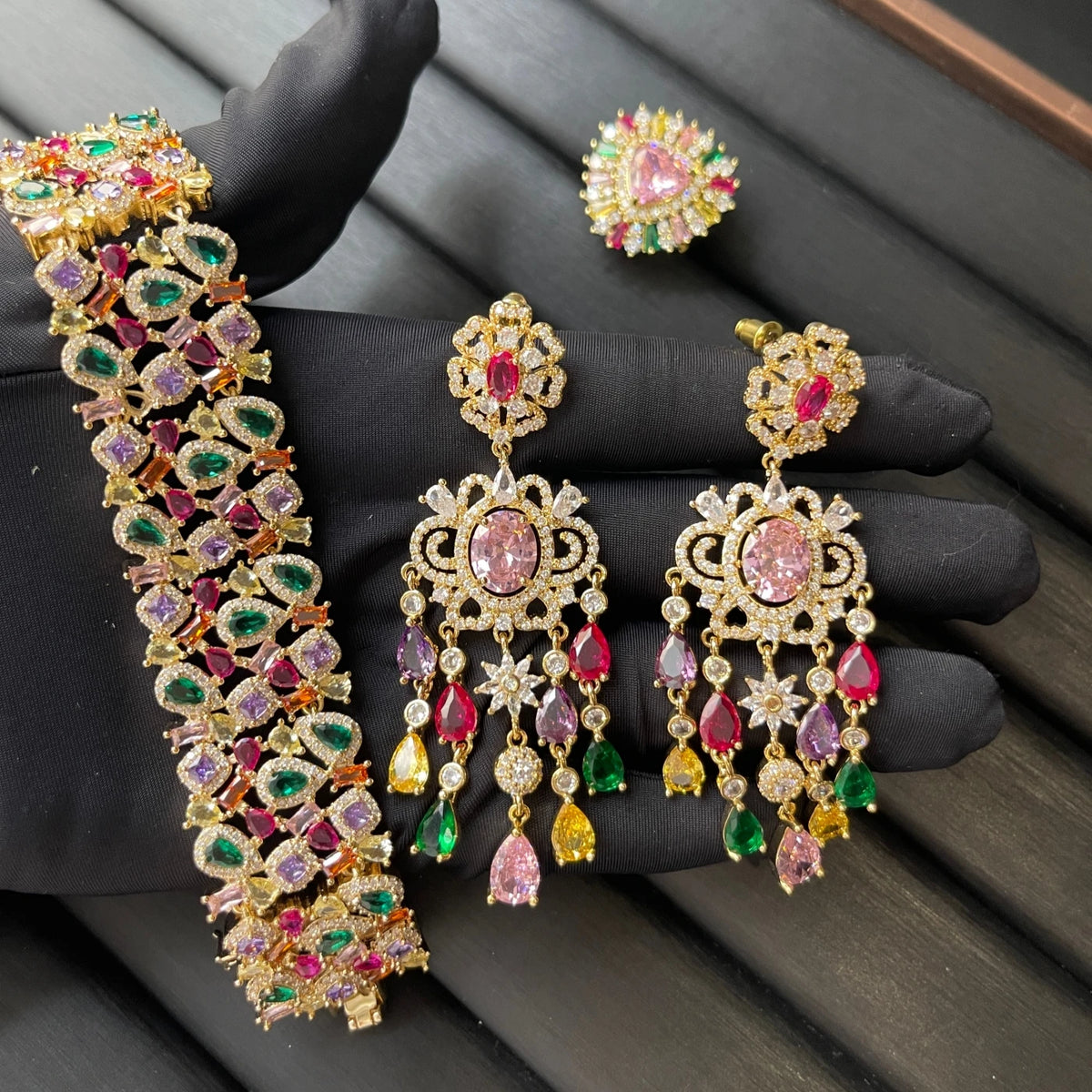 XOTICA TIANSHE Indian Luxury Colorful Zircon Jewelry Set Gold Plated Wide Bracelet Long Tassel Drop Earrings & Flower Ring