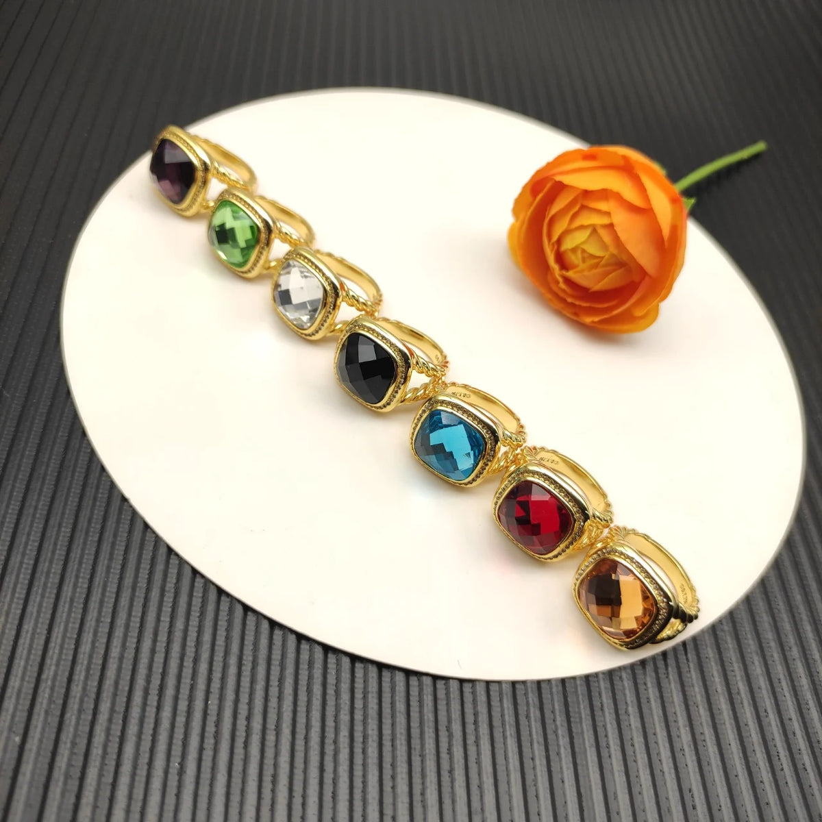FASHIONISTA DY High-Quality Silver-Plated 14mm Square Diamond-Set Ring, Gold-Plated Colored Gemstone-Set Ring, Jewelry