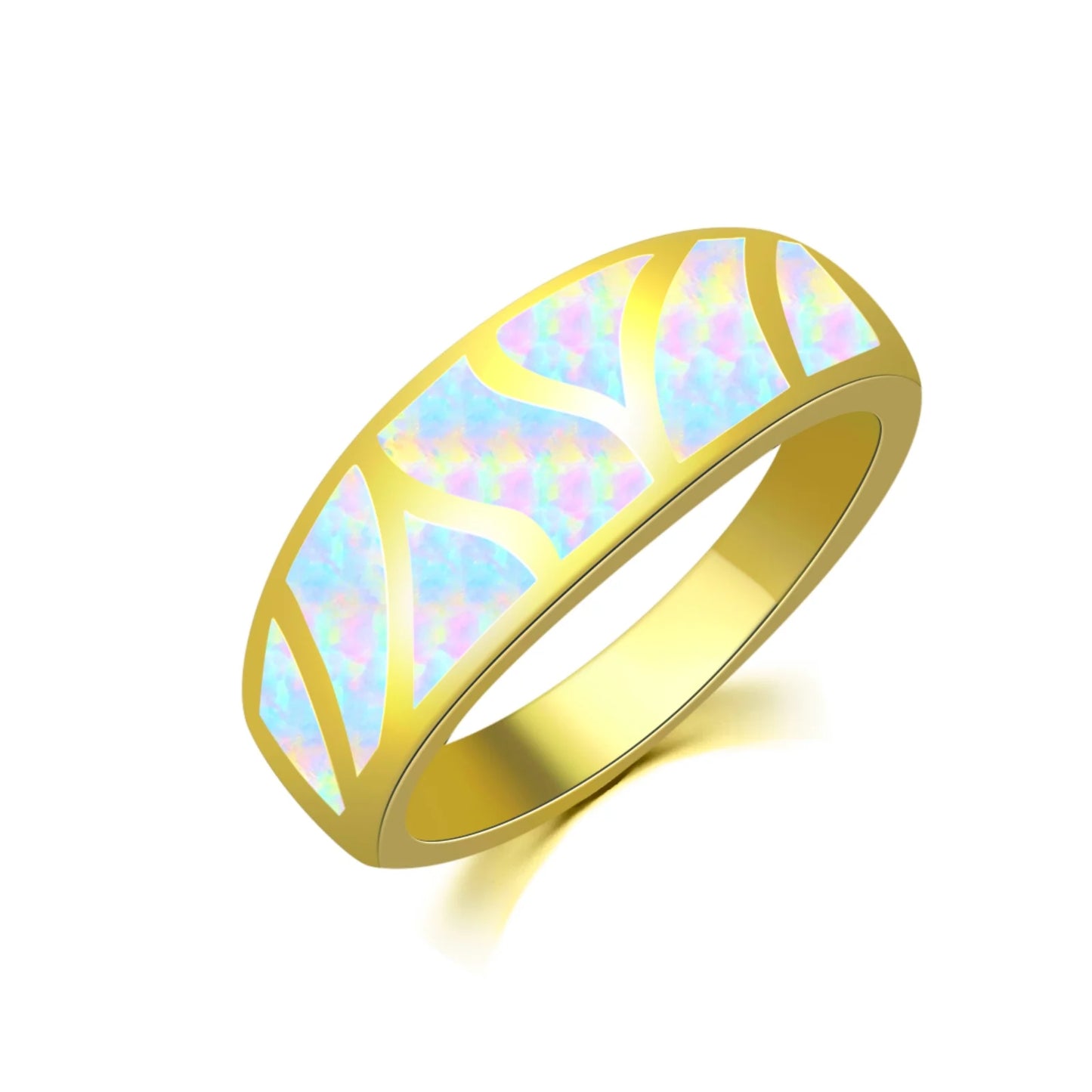 Iridescent Opal Geometric Ring | Sleek Silver Fashion Band