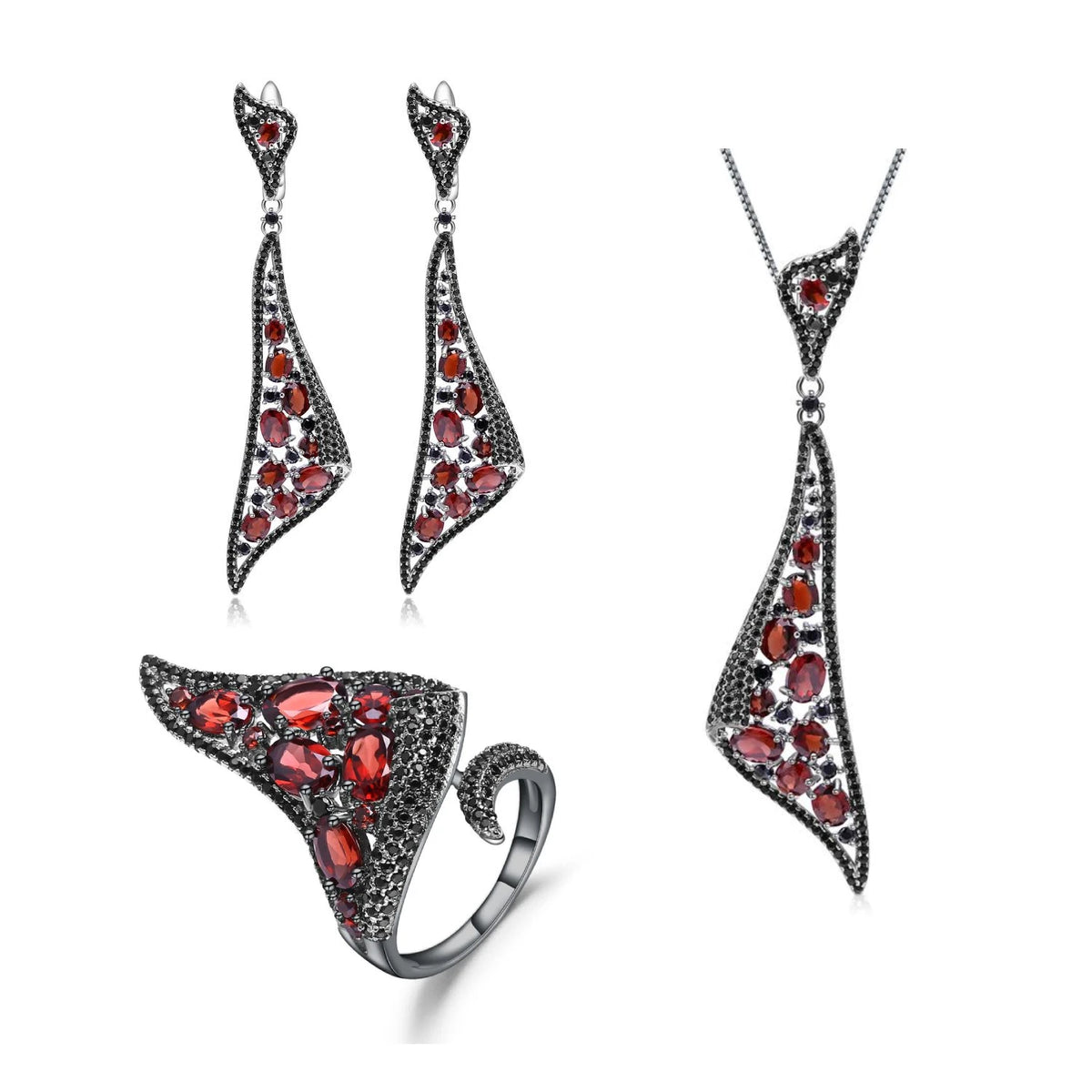 ArtistA Abiding Special Design 925 Sterling Silver Gemstone Black Cz Real Red Garnet Jewelry Ring Earrings Pendant Set for Women