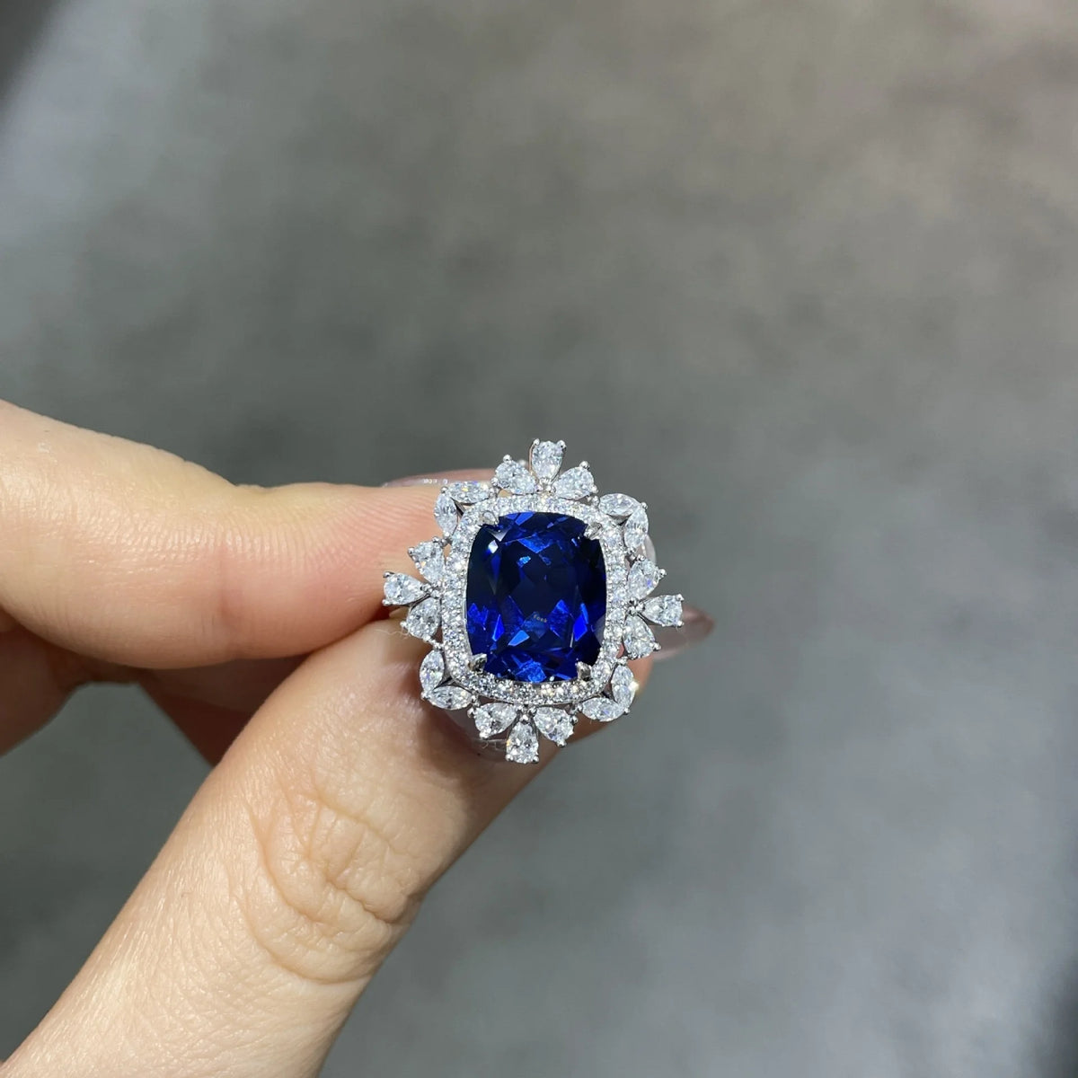 Fine Jewelry Set Elegant 5.5 Carat Cultured Sapphire Cushion-Shaped 925 Sterling Silver Premium Ring Earring Set