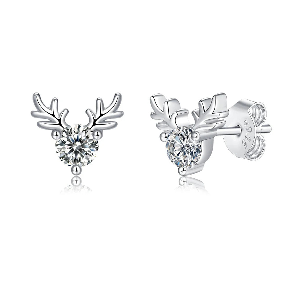 Christmas Parties Gift 925 Sterling Silver Round VVS1 Diamond Moissanite Antler Stud Earrings