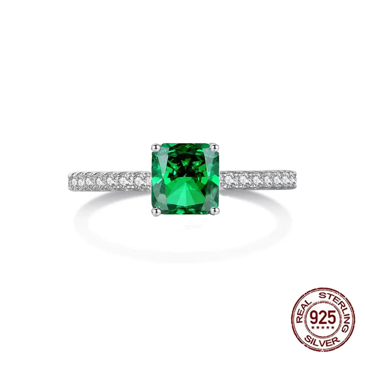 S&S 925 Sterling Silver 5mm Emerald-Cut Green CZ Engagement Ring – Rhodium Plated – Collection