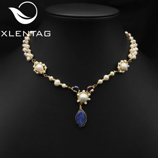 Natural Freshwater Pearl Lapis Lazuli Woven Handmade Pendant Necklace Colorful Multilayer Ball Chain Beaded Necklace Jewelry