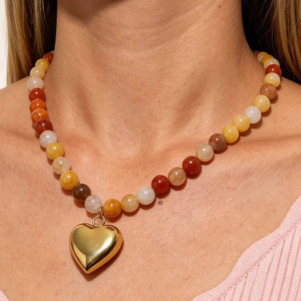 Joolim PVD Plated Wholesale Waterproof Chunky Fashion Boho Beaded Natural Stone Heart Pendant Necklace Stainless Steel Jewelry