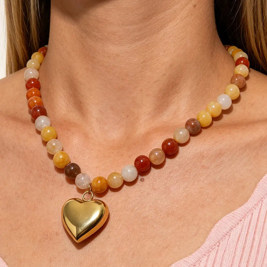 Joolim PVD Plated Wholesale Waterproof Chunky Fashion Boho Beaded Natural Stone Heart Pendant Necklace Stainless Steel Jewelry