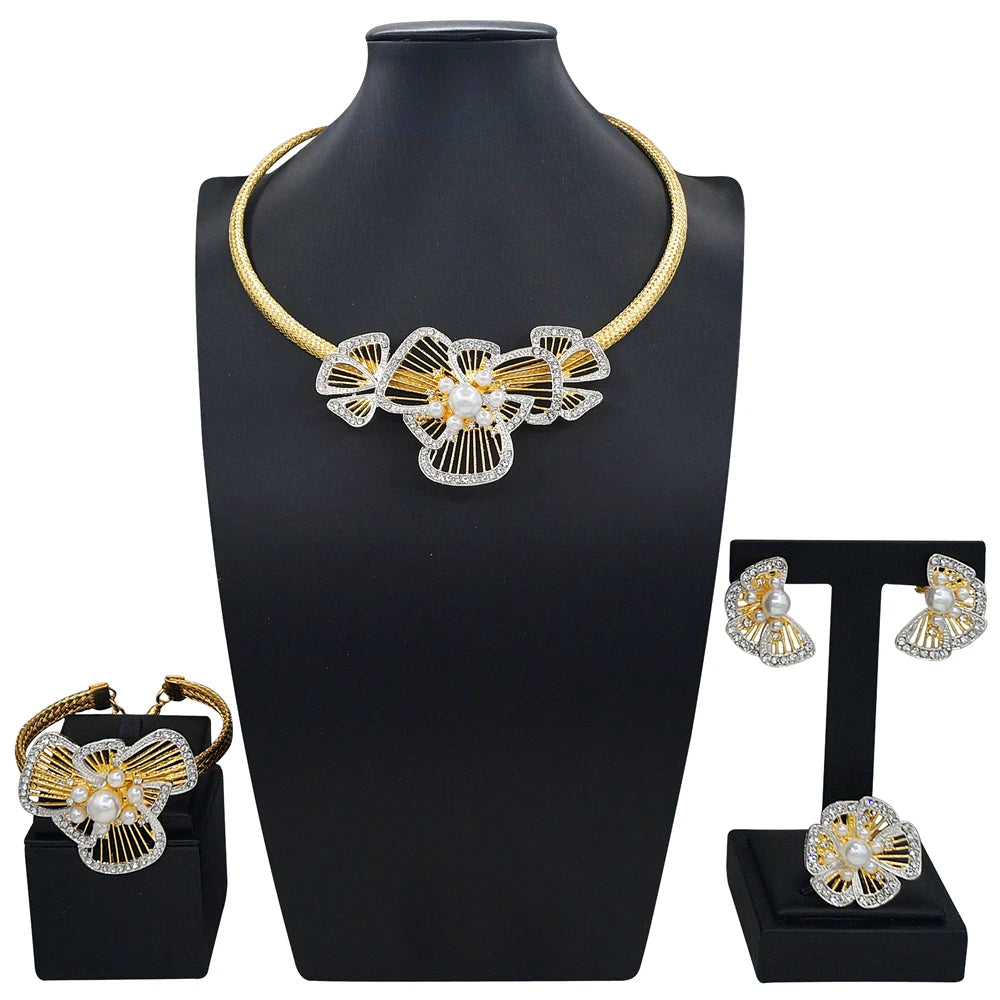 Zhuerrui  Women's Luxury Gold Plated Flower Jewelry Set Nigeria Cocktail Party Pearl Jewelry Sets Bridal Wedding Set X0004330