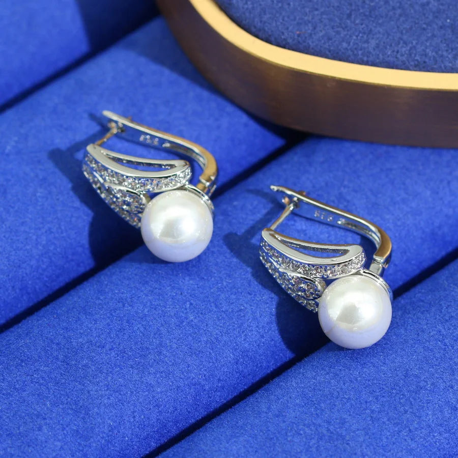 XOTICA White Pearl Zircon Platinum Plated Sterling Silver Classic Jewelry Sets for Women Wedding Earrings Necklace Pendant Ring Gifts