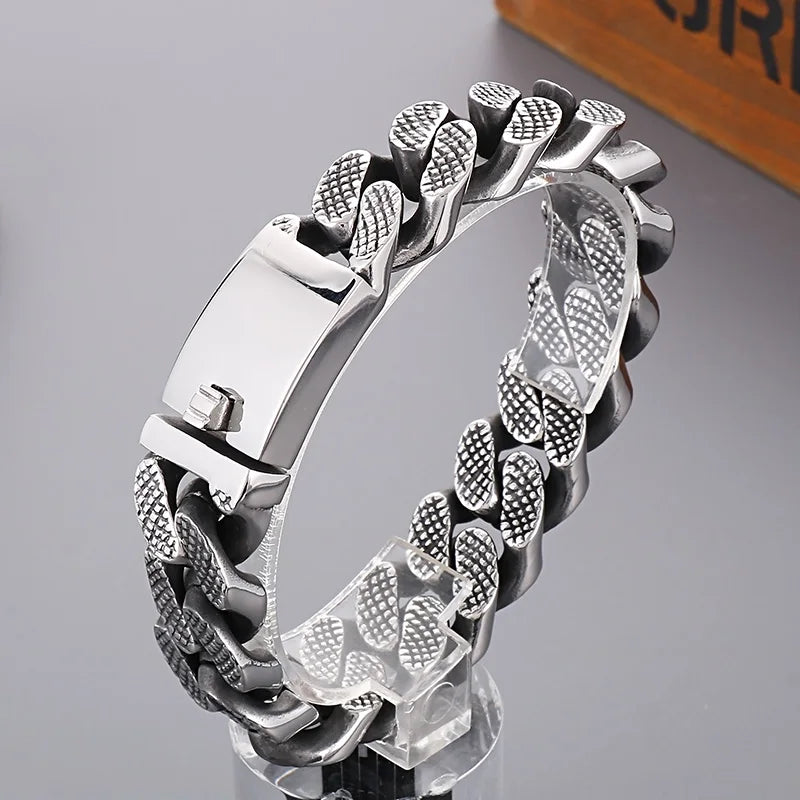 REBEL Trendy Fine Jewelry Fashion Bracelets Men Stainless Steel Tire Mark Cuban Links Bangle Bracelet