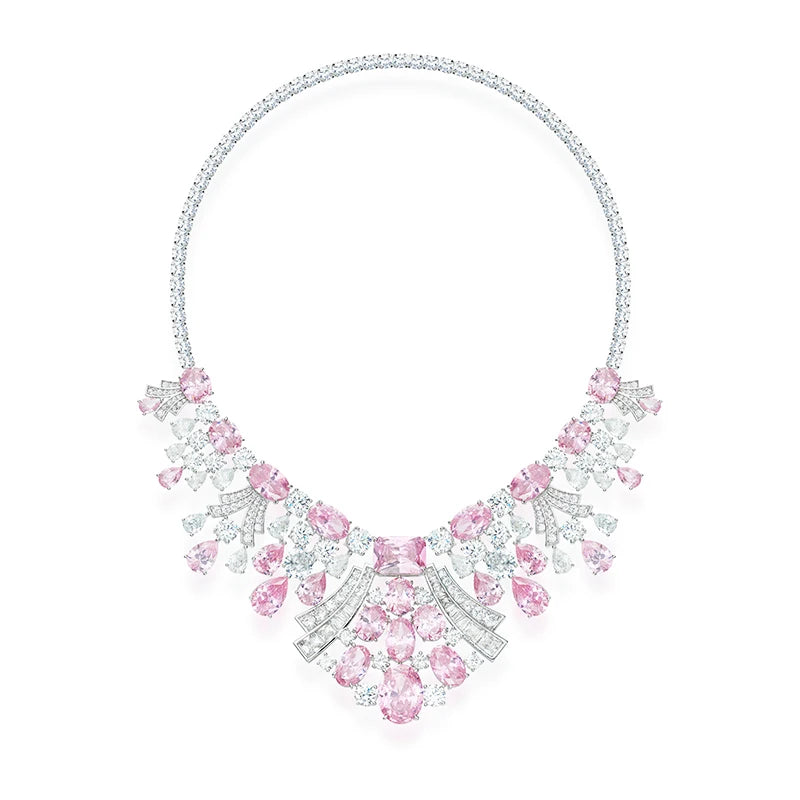 Brass Material High-end Customized Yellow Powder Zircon Dress Jewelry Women's Banquet Jewelry Collar Necklace Earrings Ring Set
