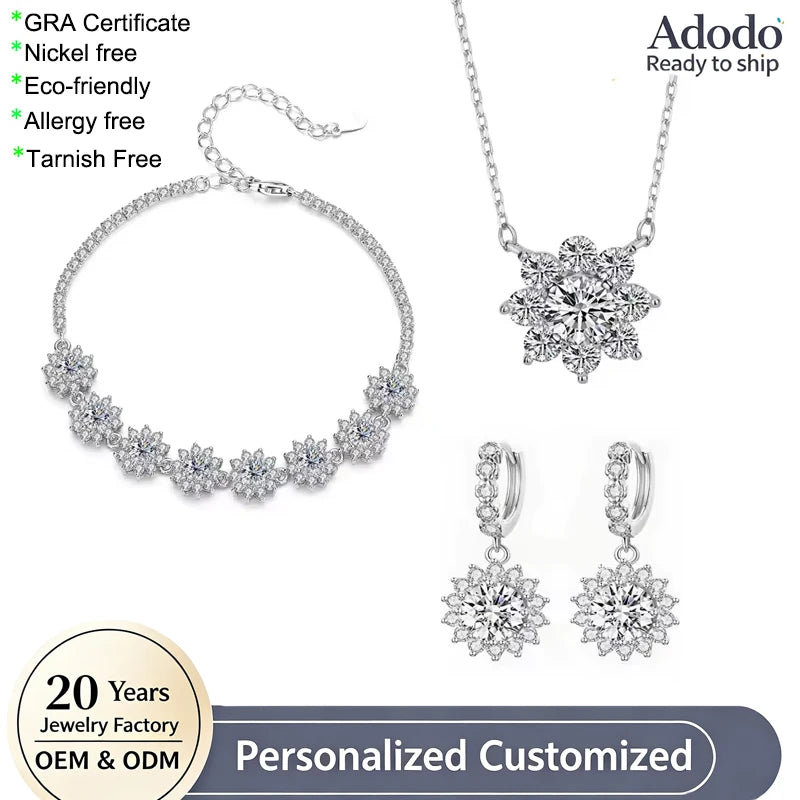 ArtistA European American S925 Silver Zircon VVS Moissanite Flower Earrings Necklace Three-piece High-end Jewelry Set for Women