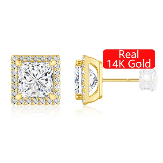 Gioiellieri Luxury Fine Jewellery Engagement Party Gift 1 Carat Princess Square Cut Moissanite Woman 14K Gold Stud Earrings