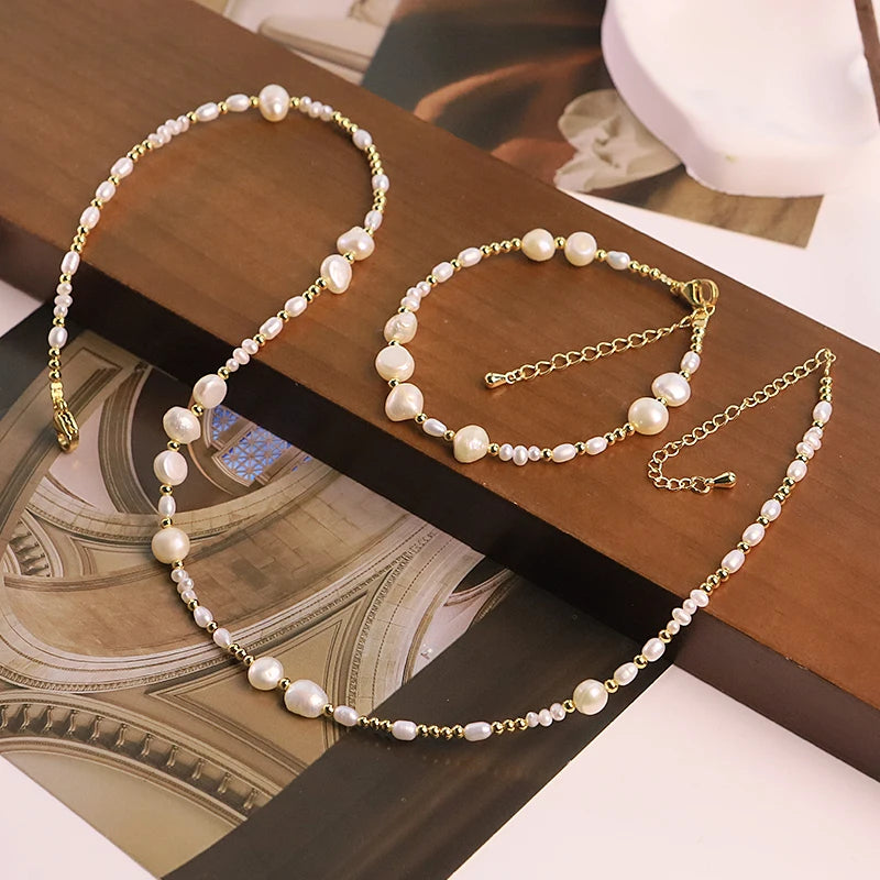 GLSEEVO Natural Freshwater Pearl Jewelry Set for Women Daily Wear Dainty Pearl  Necklace  Bracelet 2-Piece Set Fashion Jewelry