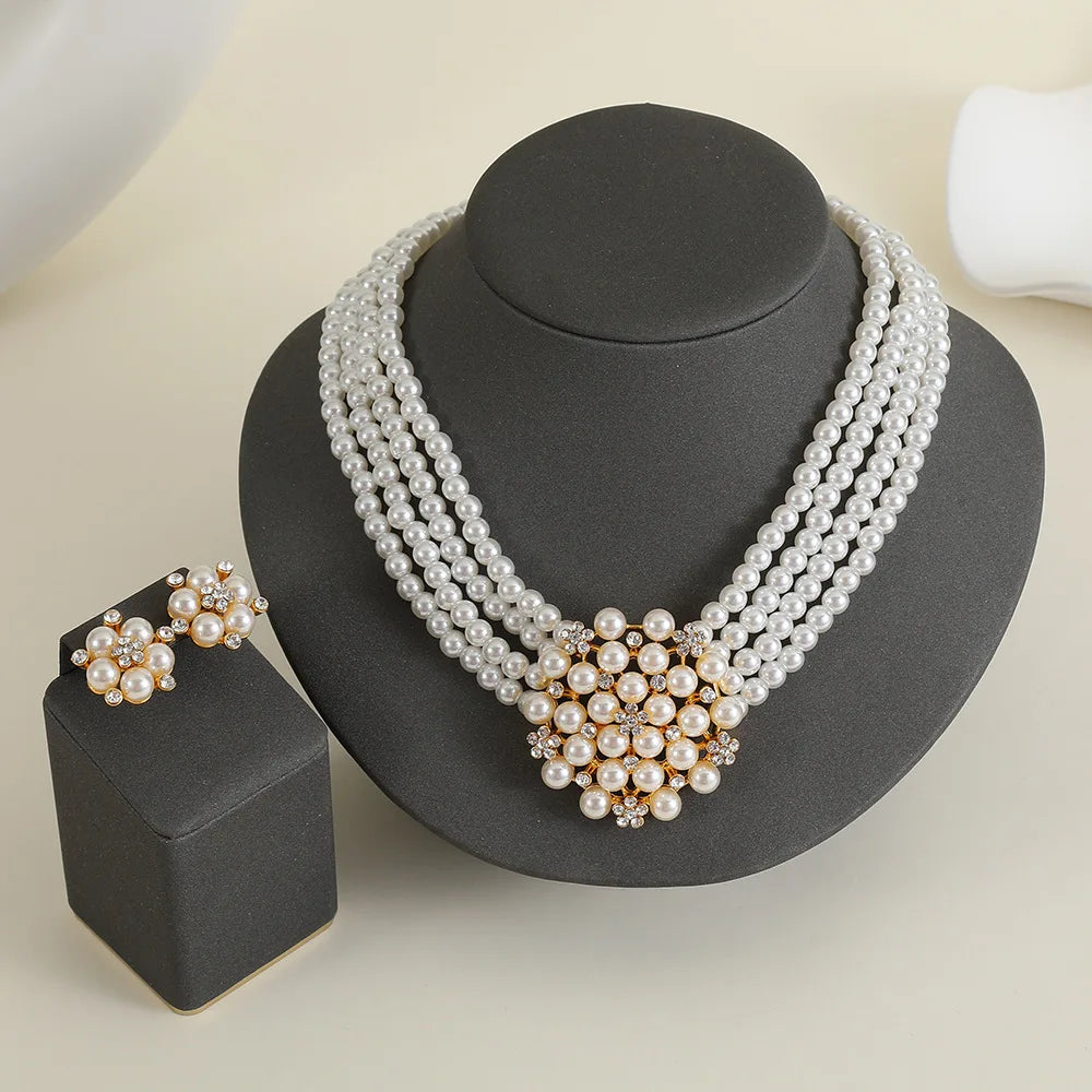 Multi-Row Pearl & Crystal Flower Necklace & Earrings Jewellery Set | Bridal Wedding Fashion Set