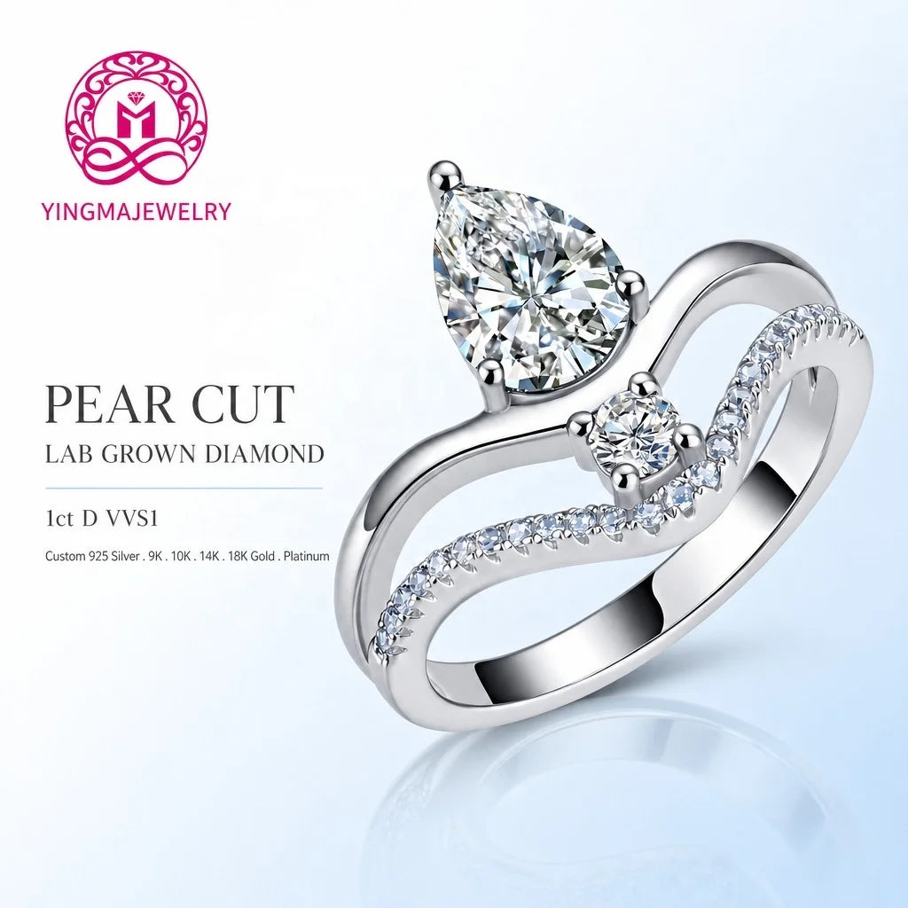 Gemfiori Unique Two Row Crossover Lab Grown Diamond Ring 1CT D VVS1 Pear Cut 9K/10K/14K/18K/PT950 Real Gold Women Premium Fine Jewelry