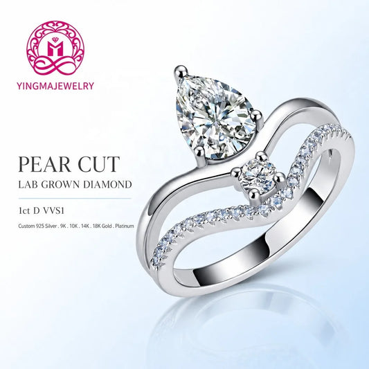 Gemfiori Unique Two Row Crossover Lab Grown Diamond Ring 1CT D VVS1 Pear Cut 9K/10K/14K/18K/PT950 Real Gold Women Premium Fine Jewelry