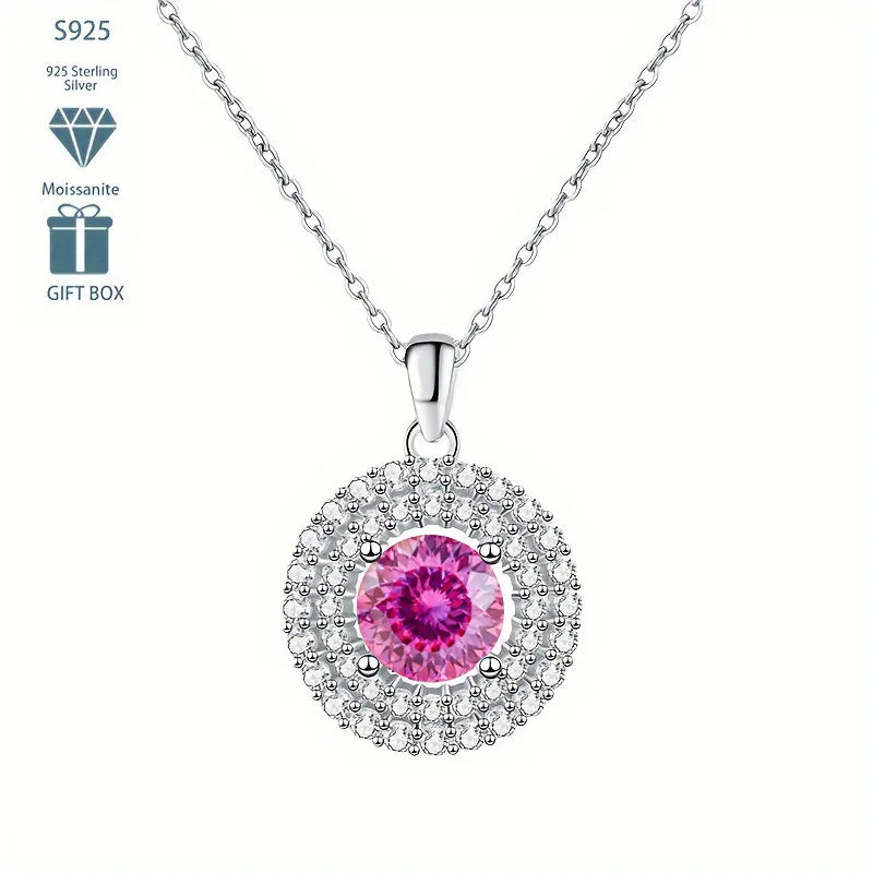 Dainty Double Halo Set Round Cut 1ct VVS GRA Colored Moissanite Jewelry Trendy 925 Sterling Silver Disc Pendant Necklace