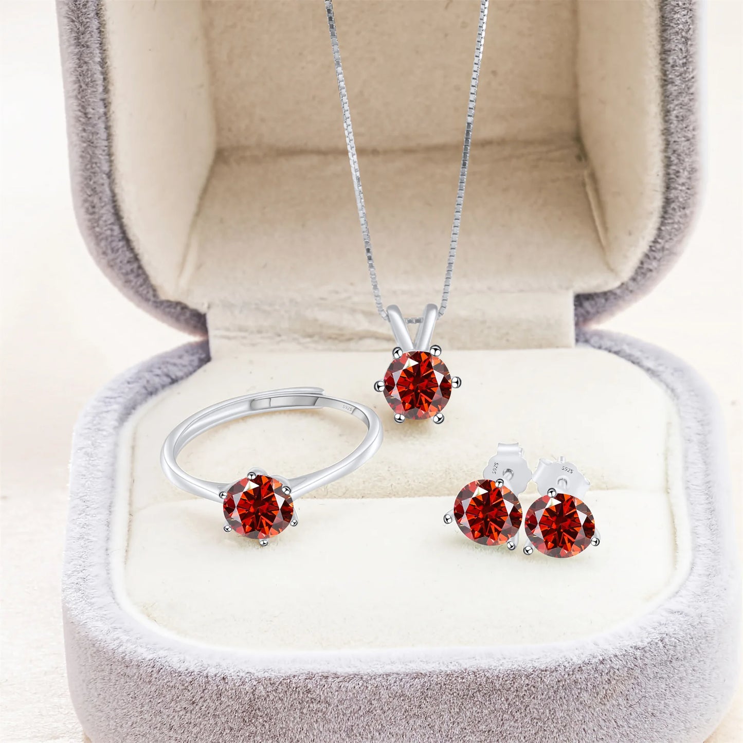 Simple D Color VVS1 GRA 1CT Round Cut Colored Moissanite Jewelry 925 Silver Wedding Ladies Necklace Earrings Ring 3 Piece Sets