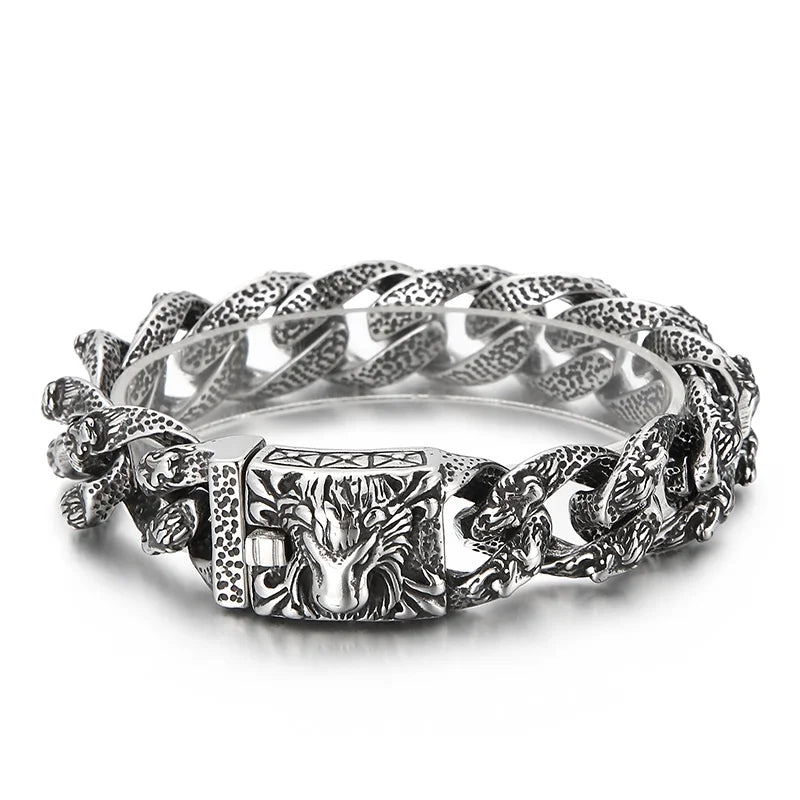 VIKING Mens Punk Lion Head Pattern Link Bracelet – Silver Stainless Steel