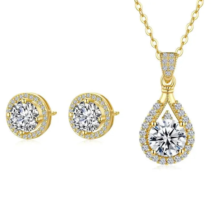 ArtistA High Quality S925 Sterling Silver 18k Gold Plated Round Jewelry Set Vintage VVS1 GRA Moissanite Pendant Necklace Earrings Set