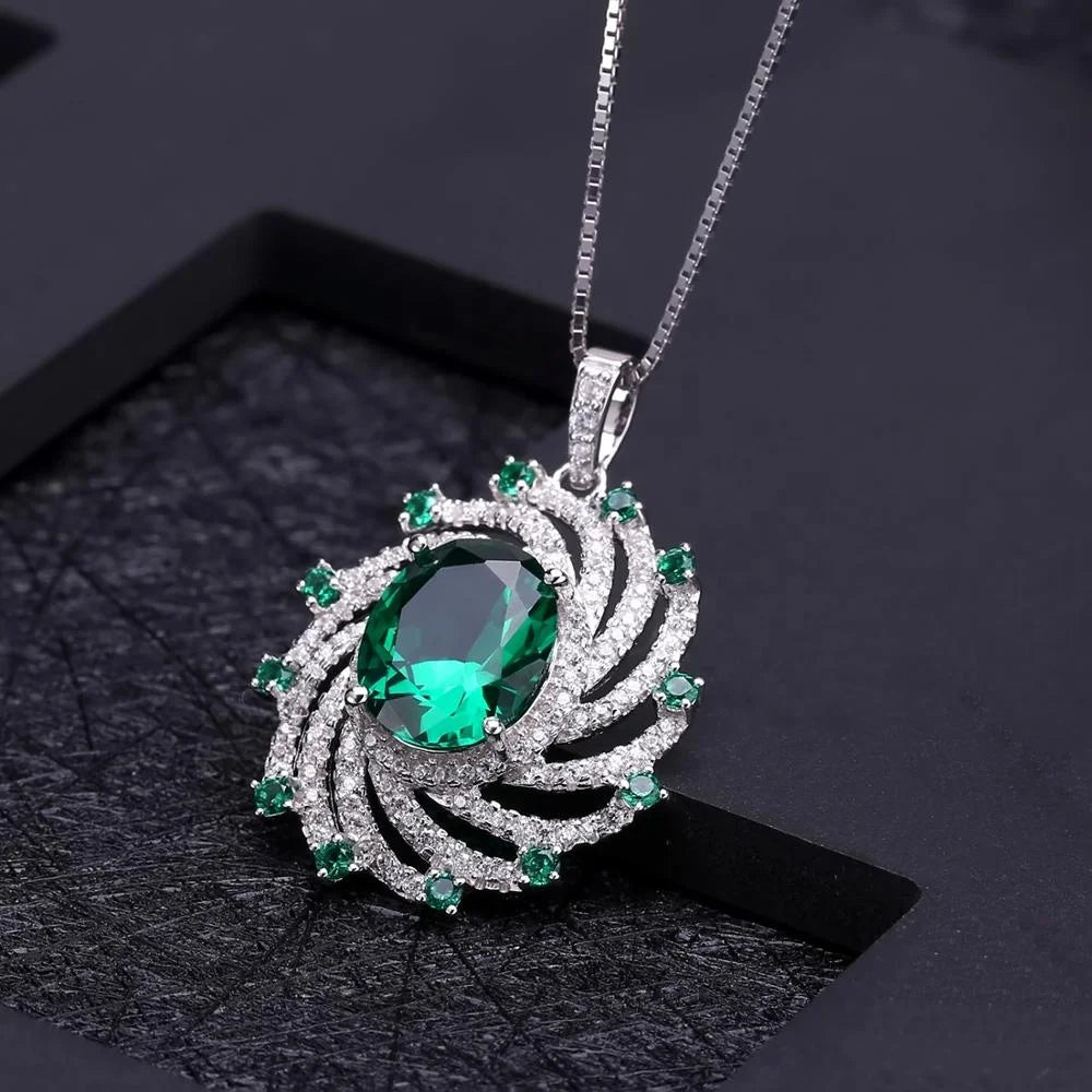 ArtistA A5520 Abiding Unique Halo Design 925 Silver Light Luxury Big Green Nano Emerald Sunflower Cocktail Ring Pendant Earrings Set