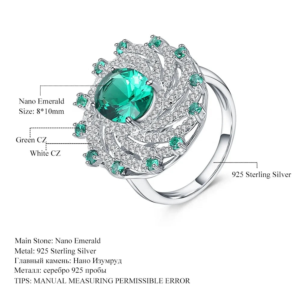 ArtistA A5520 Abiding Unique Halo Design 925 Silver Light Luxury Big Green Nano Emerald Sunflower Cocktail Ring Pendant Earrings Set