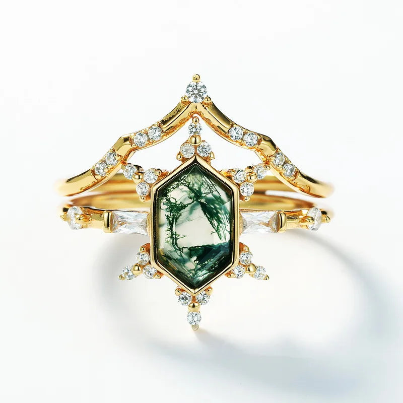 Hexagon Cut S925 Sterling Silver Natural Moss Agate Stack Ring Set Baguette Round White Stone Vintage Bridal Jewelry Gift