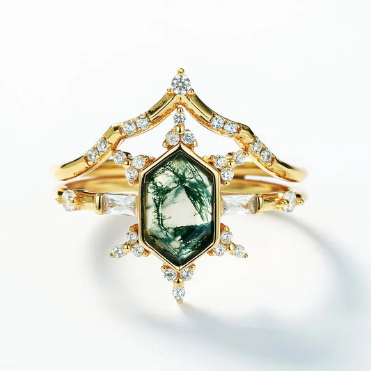 S&S Hexagon Cut S925 Sterling Silver Natural Moss Agate Stack Ring Set Baguette Round White Stone Vintage Bridal Jewelry Gift