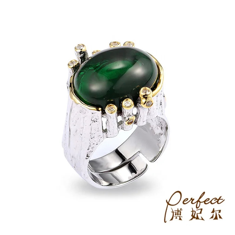 Handmade Retro Design 925 Sterling Silver Big Green Glass Ring