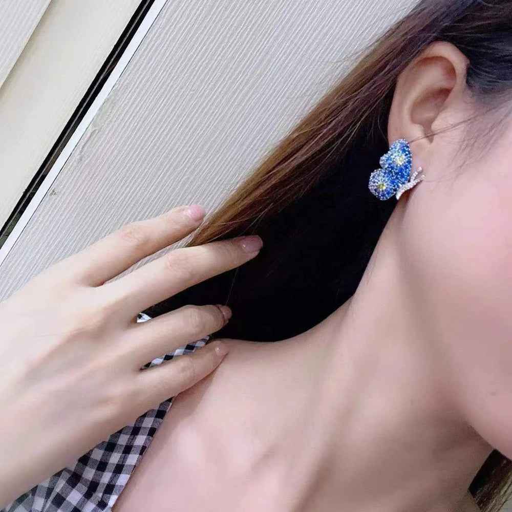MUSHAN Jewelry Factory S925 Sterling Silver Stud Earrings Electroplated With Gold High Carbon Diamond and Red Gemstone Butterfly