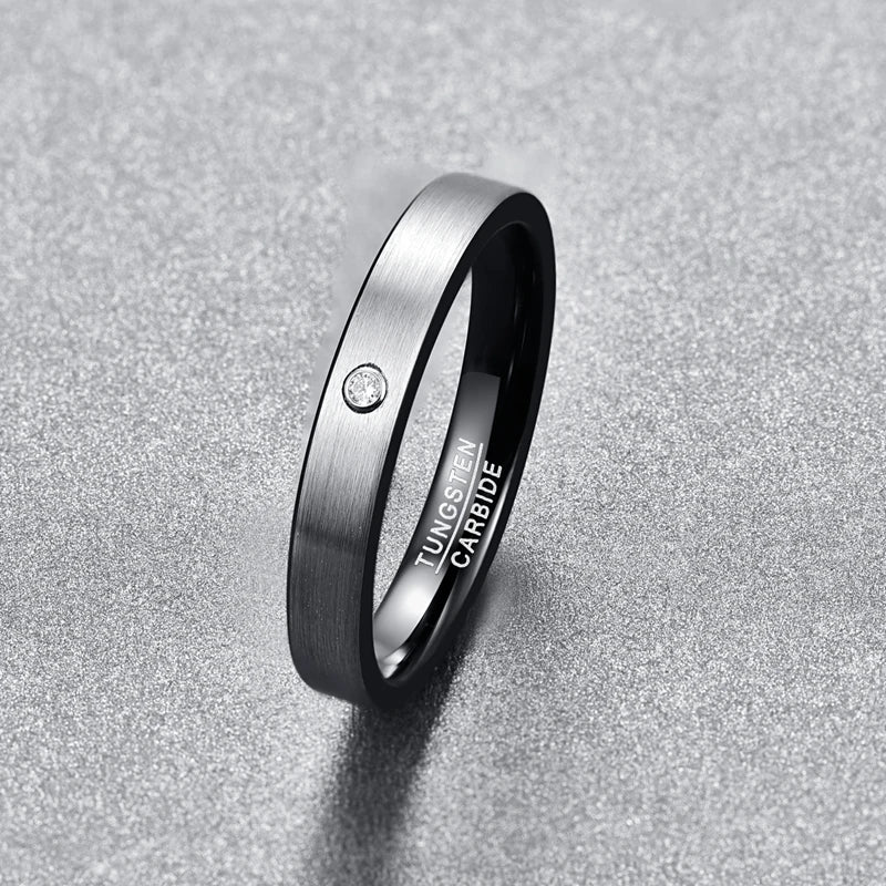 REBEL 4mm Inner Circle Plated Black Inlaid Zircon Sandface Craft Unisex Tungsten Rings Jewelry
